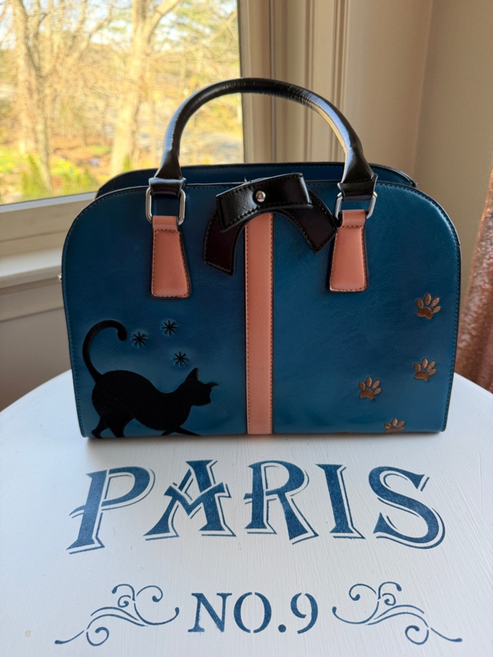 Teal Cat Accent Dome Satchel Handbag with Light Pink Trim and paw prints!